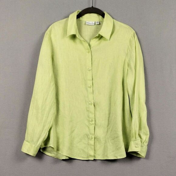 Kim Rogers Linen Blouse Long Sleeve Button Down Top Light Lime Green Size PS - Picture 1 of 9
